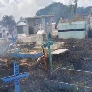 Fogo atinge vegetação entre túmulos em cemitério de Manaus; VÍDEO