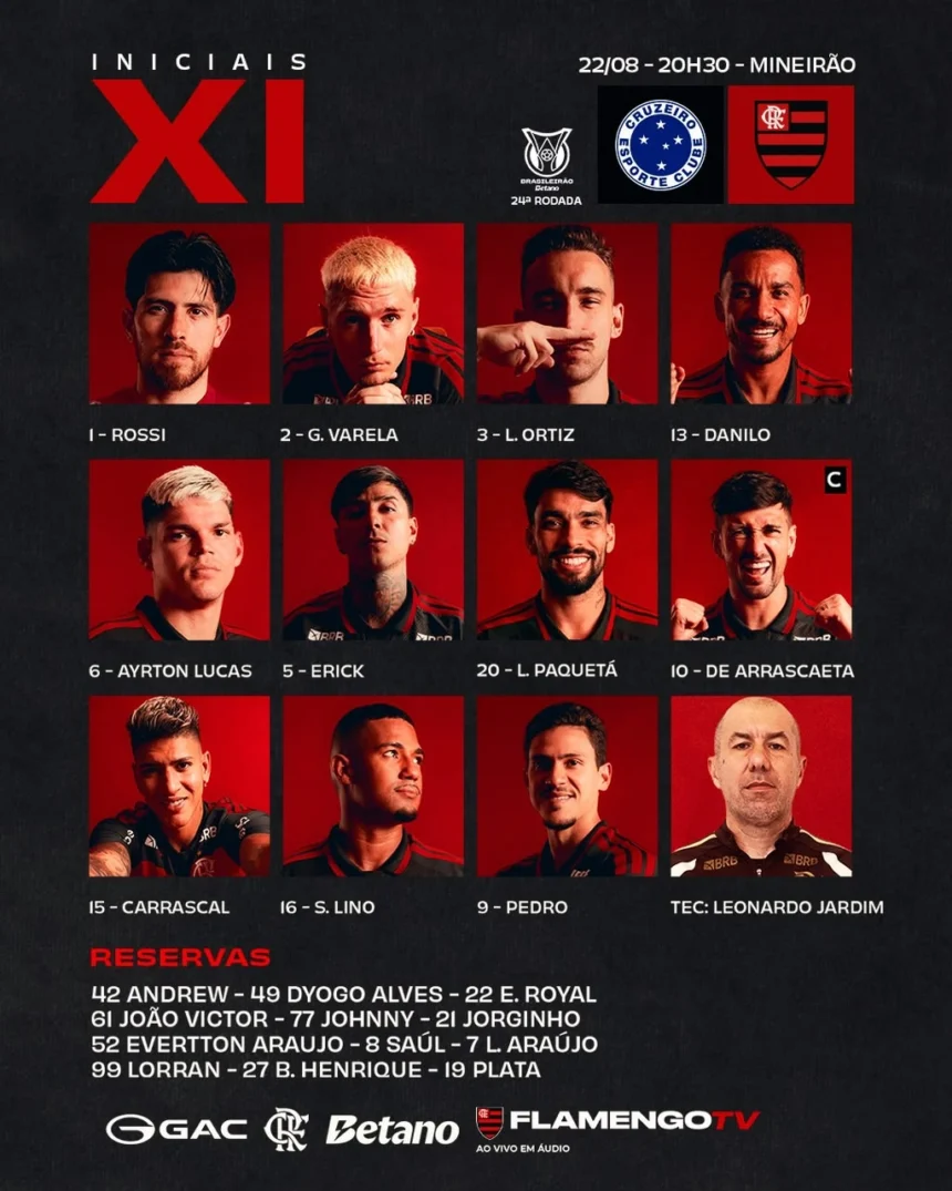 Flamengo e Cruzeiro divulgam escalação para jogo do Brasileirão