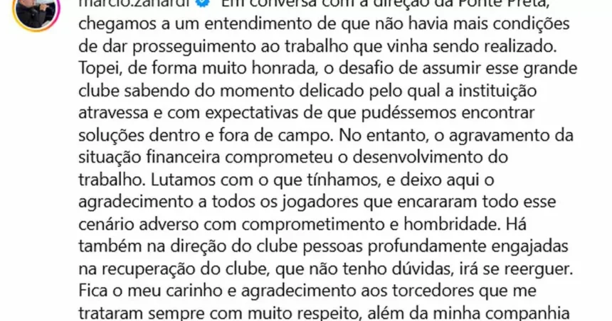 Márcio Zanardi pede demissão e deixa comando técnico da Ponte Preta