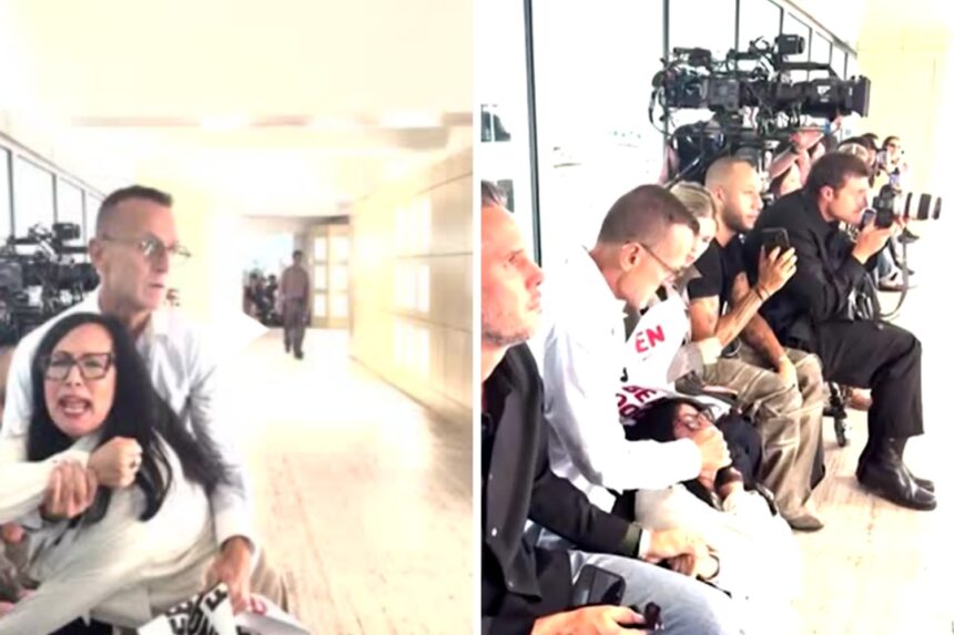 CEO de conselho de moda dos EUA puxa e tapa CEO de conselho de moda dos EUA puxa e tapa a boca de manifestante dos direitos dos animais durante desfile; ele deixou o cargo